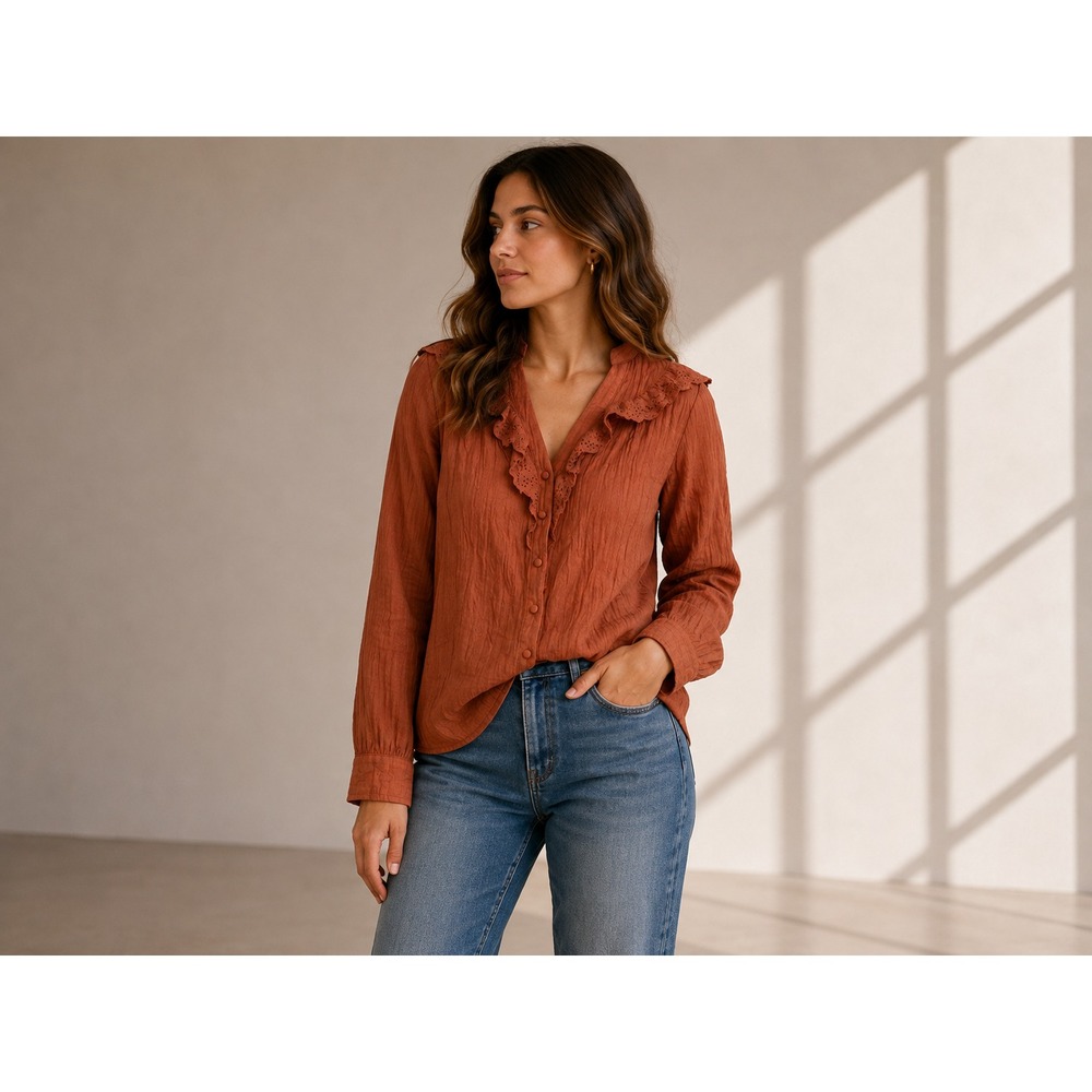 NWT Lulus Instantly Sweet Terracotta Eyelet Ruffle Blouse JAT307015 Orange L